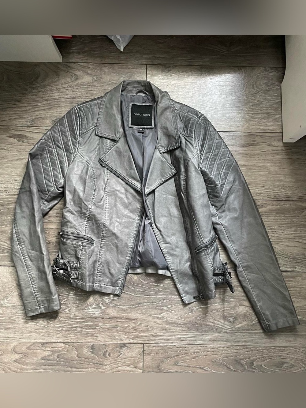 Maurices Silver Faux Leather Moto Jacket with Quilted Shoulders